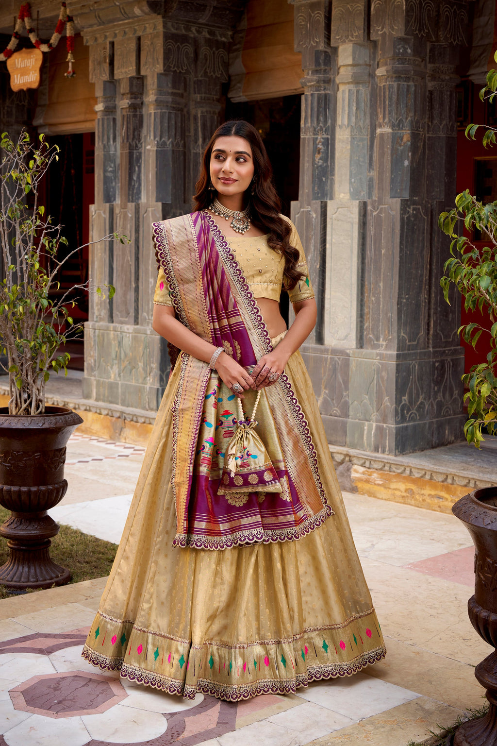 Lorenvalley Fashion Cream Simmer Organza Zari Weaving Work With Lace Border Lehenga Choli with Dupatta | Grocsy