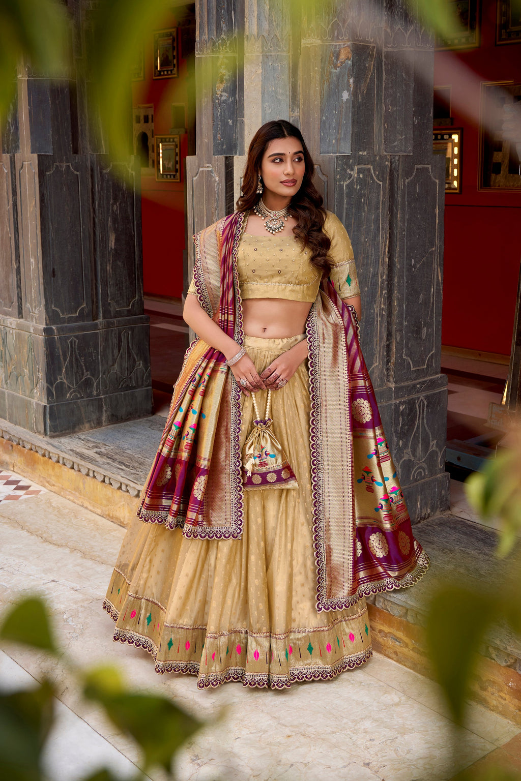 Lorenvalley Fashion Cream Simmer Organza Zari Weaving Work With Lace Border Lehenga Choli with Dupatta | Grocsy