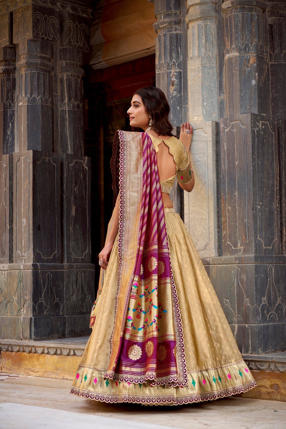 Lorenvalley Fashion Cream Simmer Organza Zari Weaving Work With Lace Border Lehenga Choli with Dupatta | Grocsy