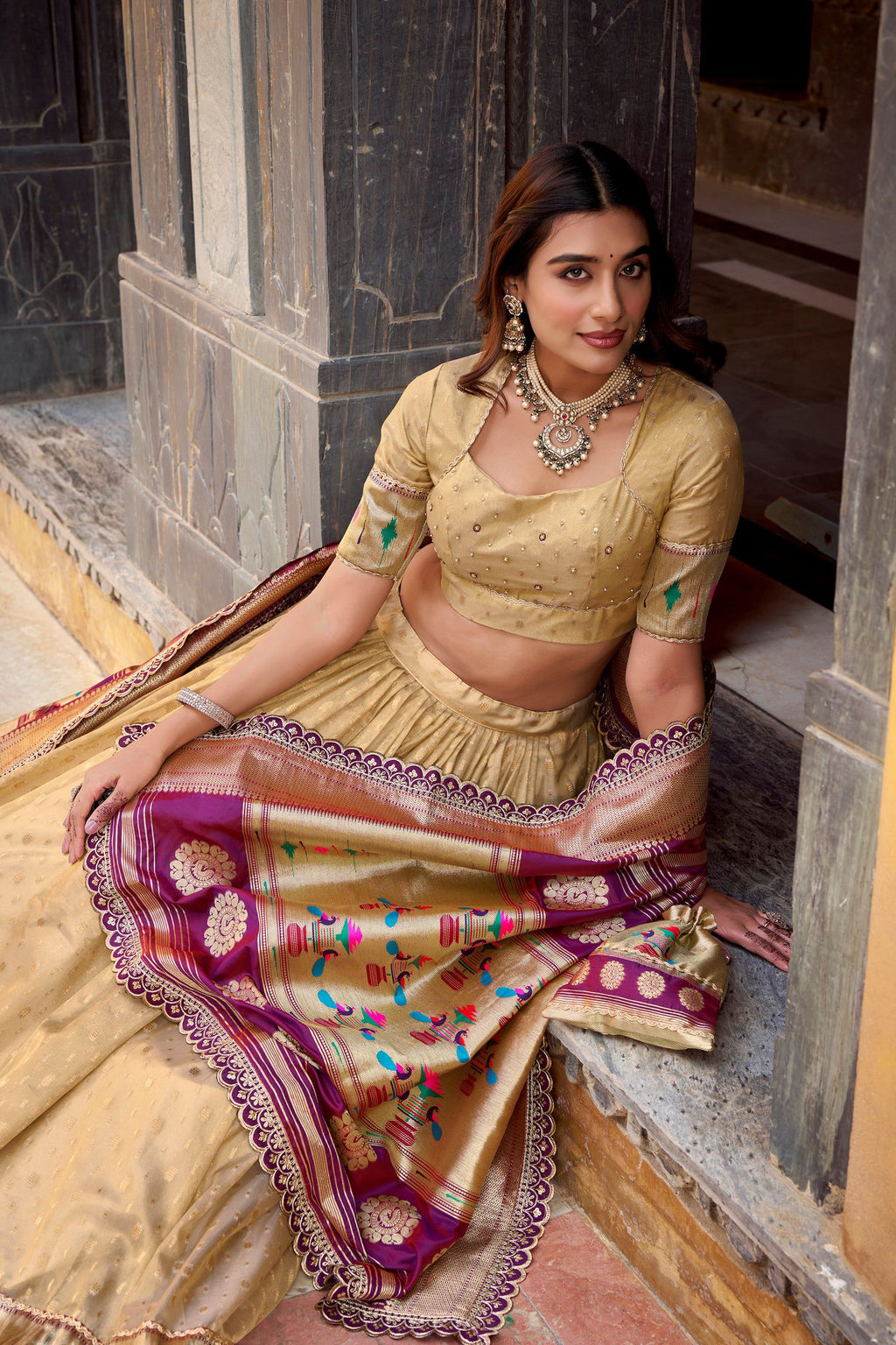 Lorenvalley Fashion Cream Simmer Organza Zari Weaving Work With Lace Border Lehenga Choli with Dupatta | Grocsy