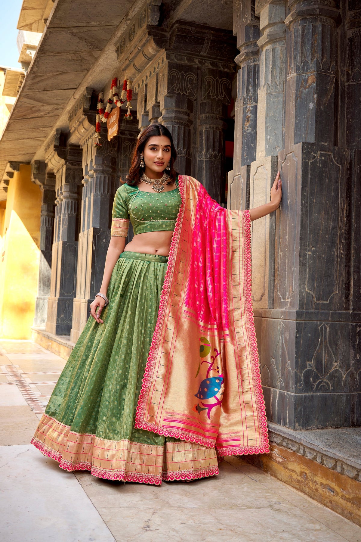 Lorenvalley Fashion Green Simmer Organza Zari Weaving Work With Lace Border Lehenga Choli with Dupatta | Grocsy