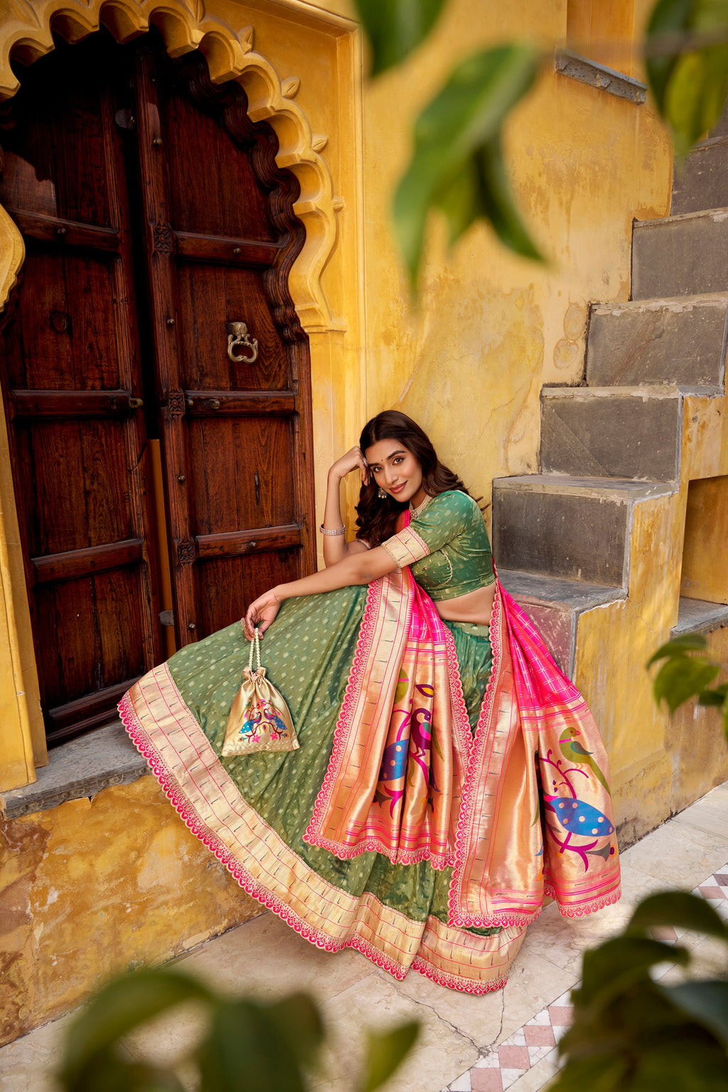 Lorenvalley Fashion Green Simmer Organza Zari Weaving Work With Lace Border Lehenga Choli with Dupatta | Grocsy