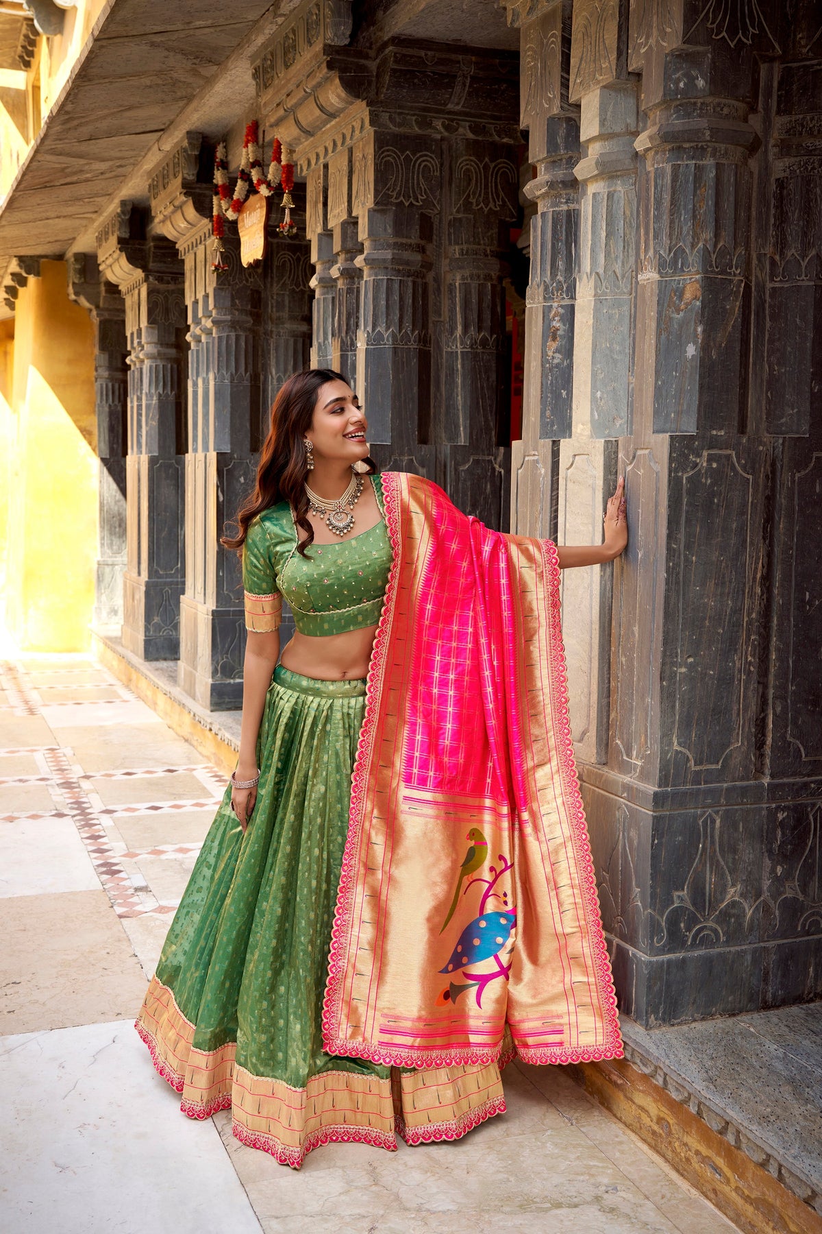 Lorenvalley Fashion Green Simmer Organza Zari Weaving Work With Lace Border Lehenga Choli with Dupatta | Grocsy