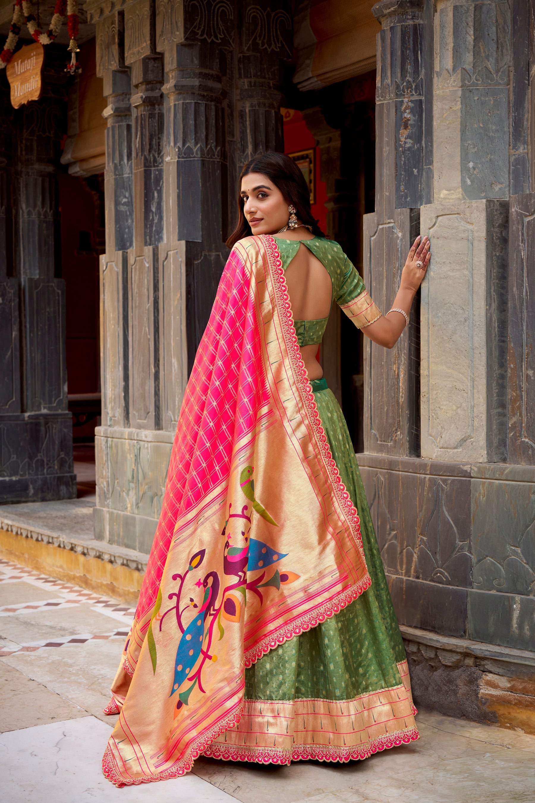 Lorenvalley Fashion Green Simmer Organza Zari Weaving Work With Lace Border Lehenga Choli with Dupatta | Grocsy