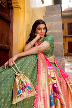Lorenvalley Fashion Green Simmer Organza Zari Weaving Work With Lace Border Lehenga Choli with Dupatta | Grocsy