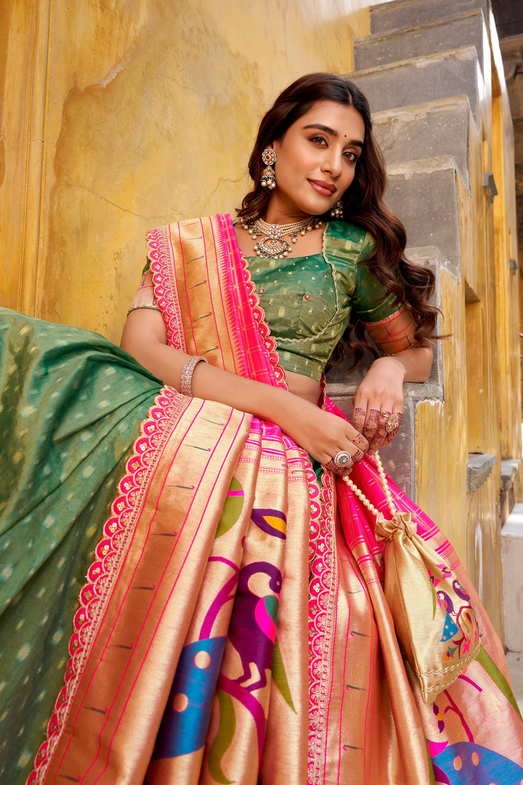 Lorenvalley Fashion Green Simmer Organza Zari Weaving Work With Lace Border Lehenga Choli with Dupatta | Grocsy