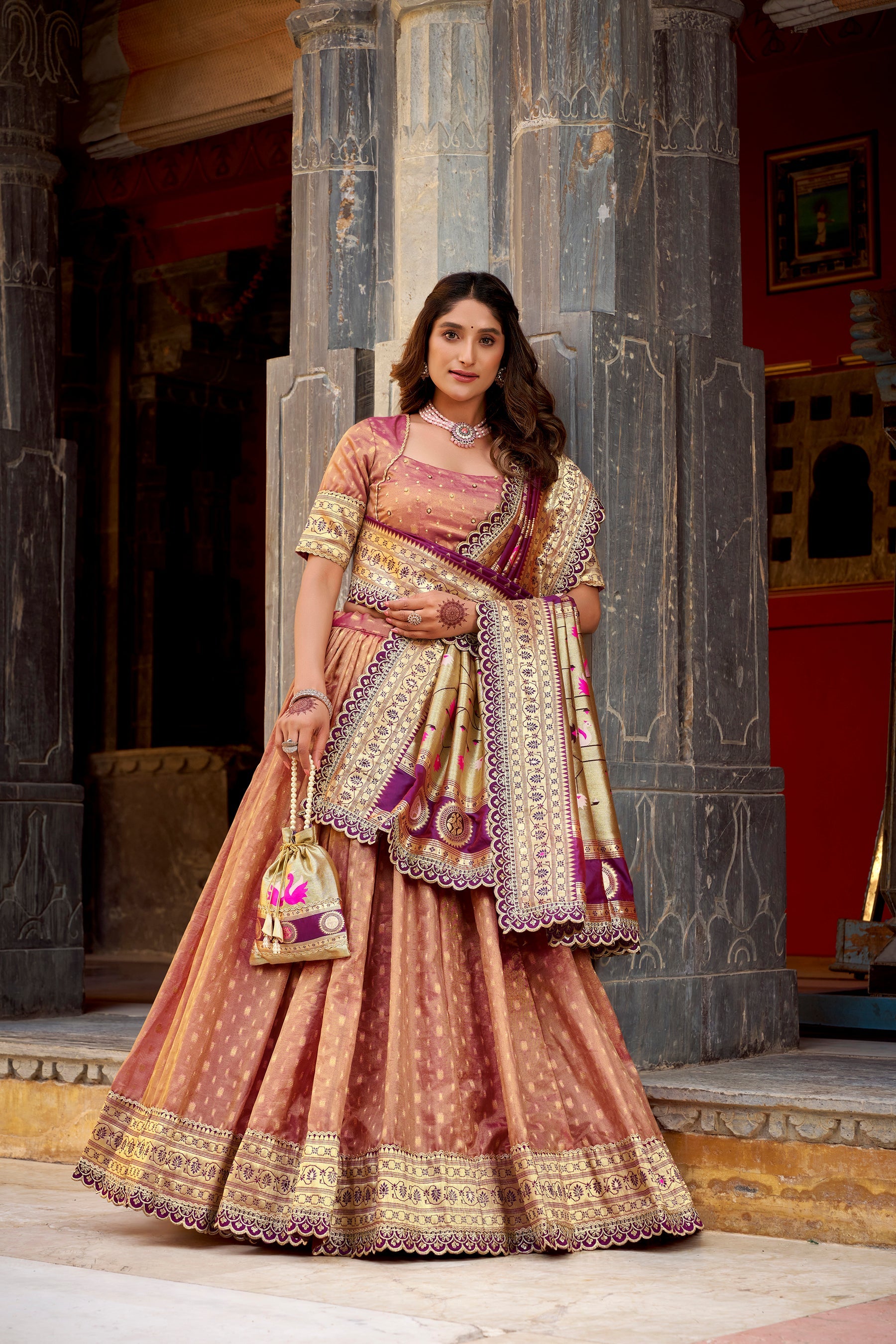 Lorenvalley Fashion Peach Simmer Organza Zari Weaving Work With Lace Border Lehenga Choli with Dupatta | Grocsy