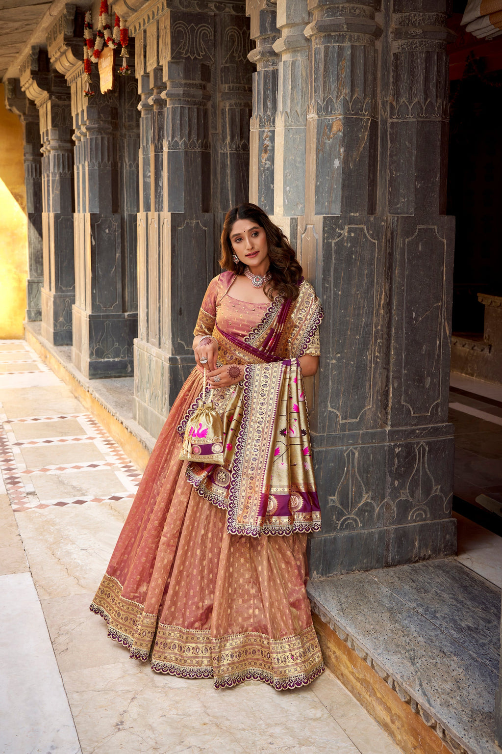 Lorenvalley Fashion Peach Simmer Organza Zari Weaving Work With Lace Border Lehenga Choli with Dupatta | Grocsy