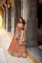 Lorenvalley Fashion Peach Simmer Organza Zari Weaving Work With Lace Border Lehenga Choli with Dupatta | Grocsy