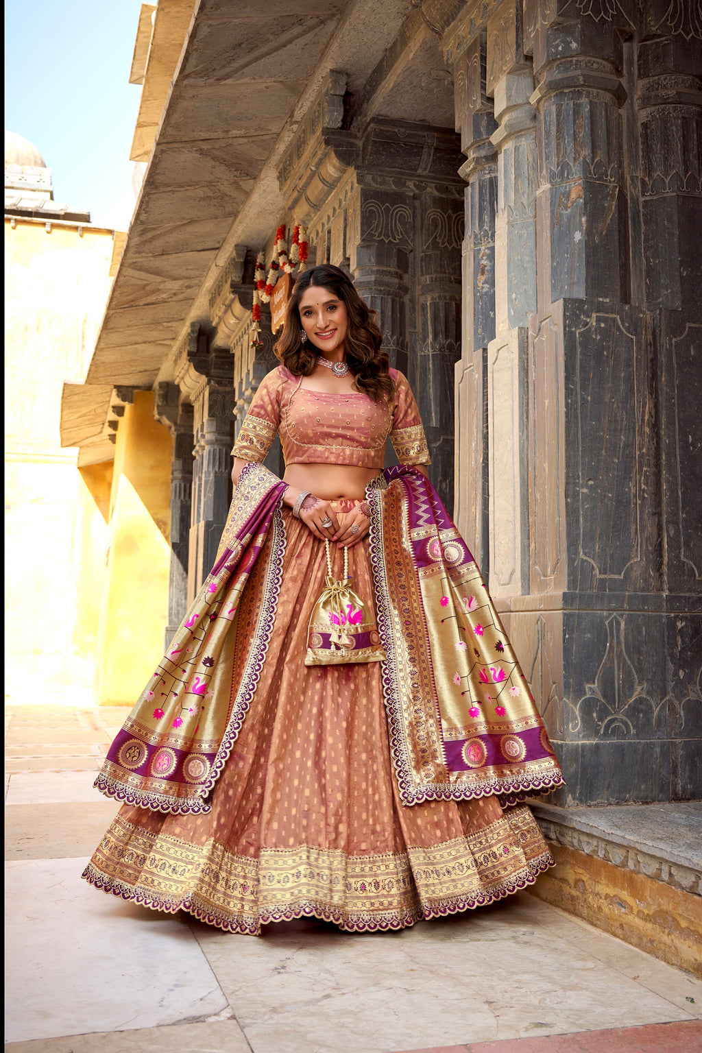 Lorenvalley Fashion Peach Simmer Organza Zari Weaving Work With Lace Border Lehenga Choli with Dupatta | Grocsy
