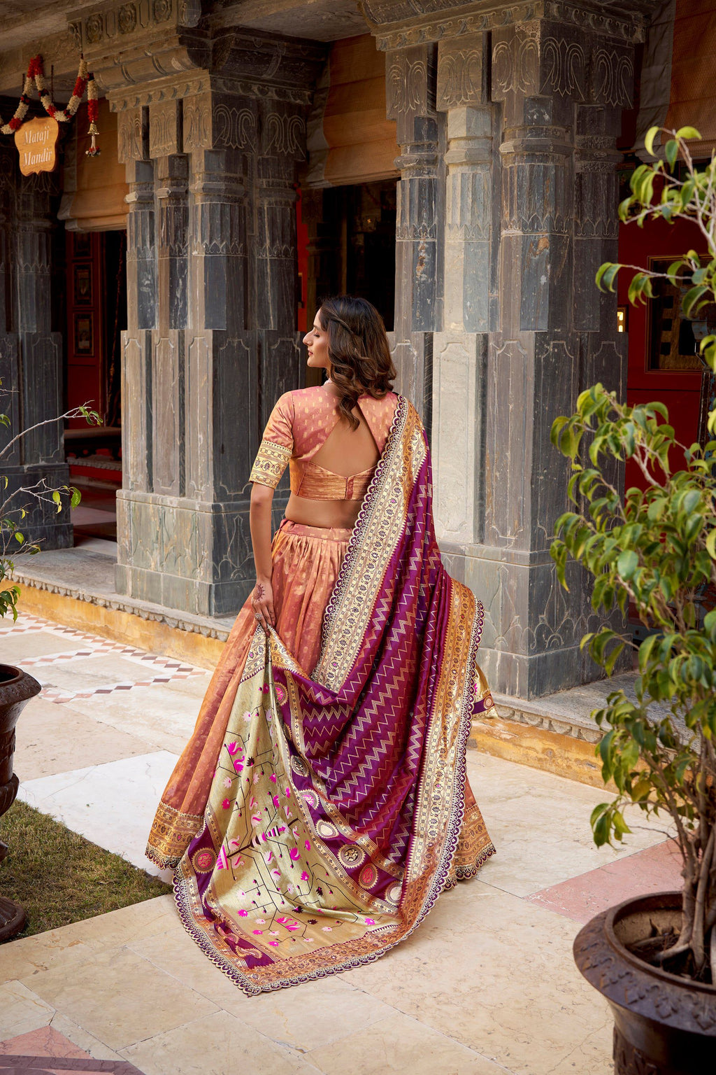 Lorenvalley Fashion Peach Simmer Organza Zari Weaving Work With Lace Border Lehenga Choli with Dupatta | Grocsy