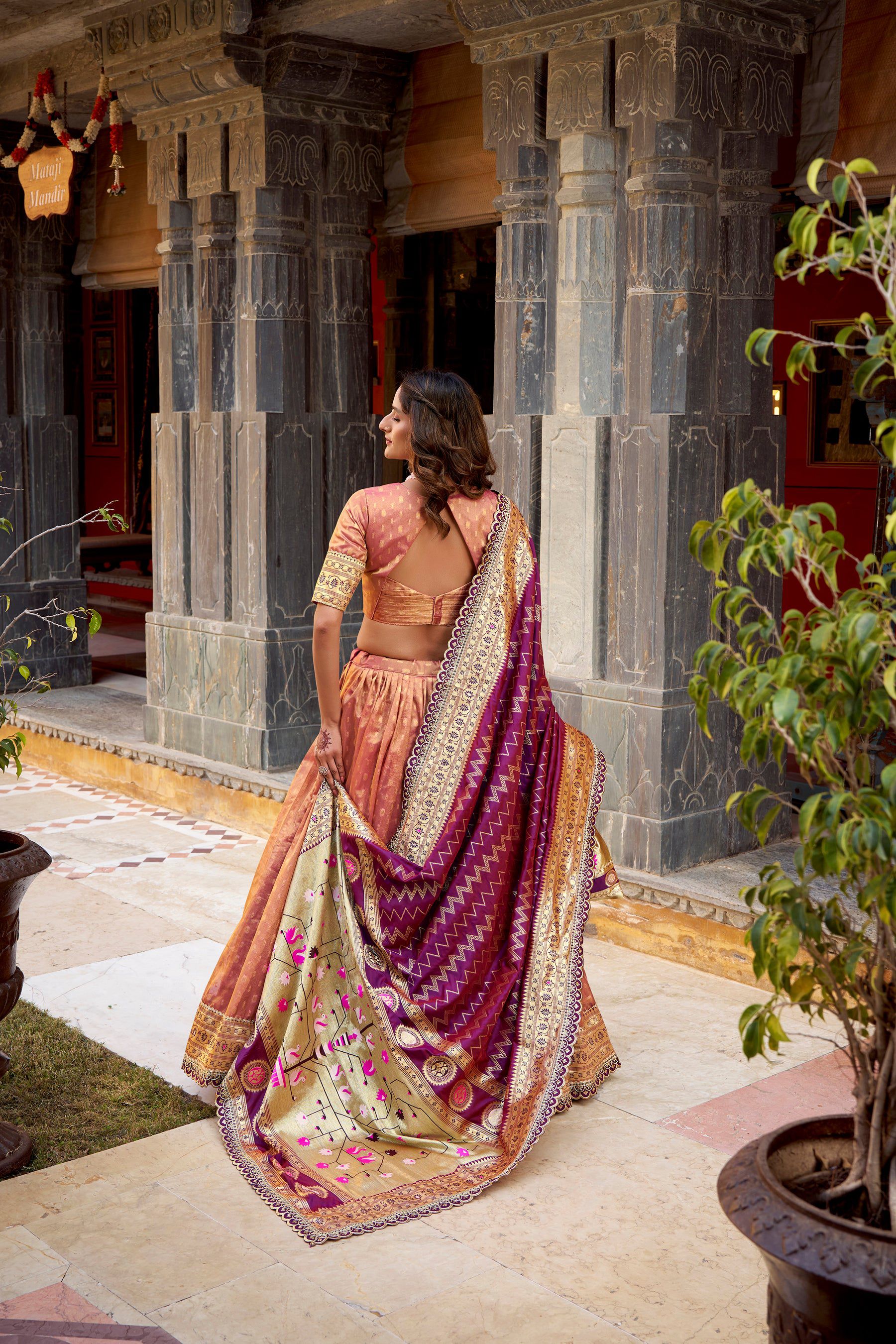 Lorenvalley Fashion Peach Simmer Organza Zari Weaving Work With Lace Border Lehenga Choli with Dupatta | Grocsy