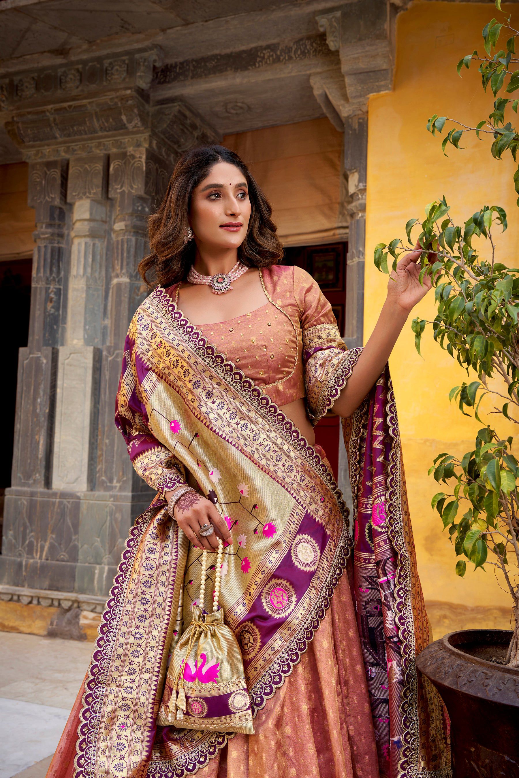 Lorenvalley Fashion Peach Simmer Organza Zari Weaving Work With Lace Border Lehenga Choli with Dupatta | Grocsy