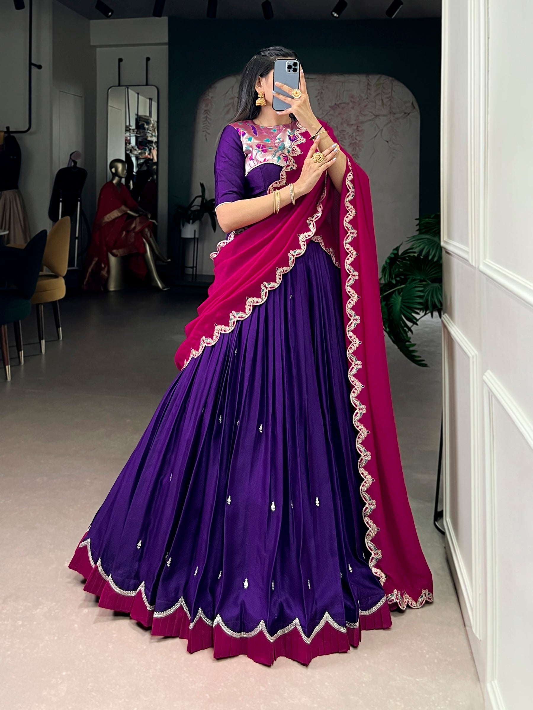 Lorenvalley Fashion Purple Naysha Silk Sequins and Thread Embroidery Work with Lace Border Lehenga Choli with Dupatta | Grocsy