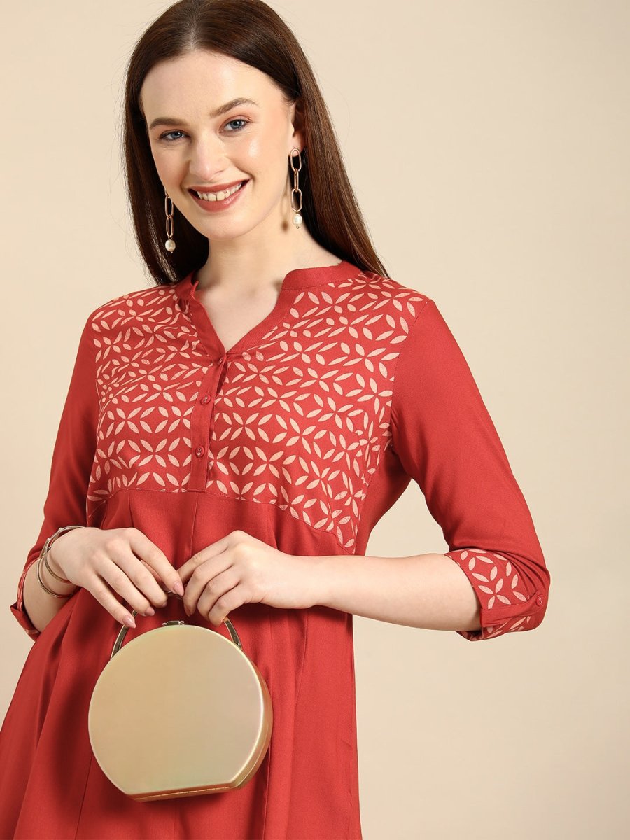 All About You Women Red & Cream Printed Kurta with Trousers | Grocsy