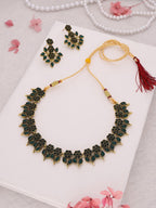 Tehzeeb Creations Green Colour Gold Pleated Stone Studded Necklace With Earrings | Grocsy