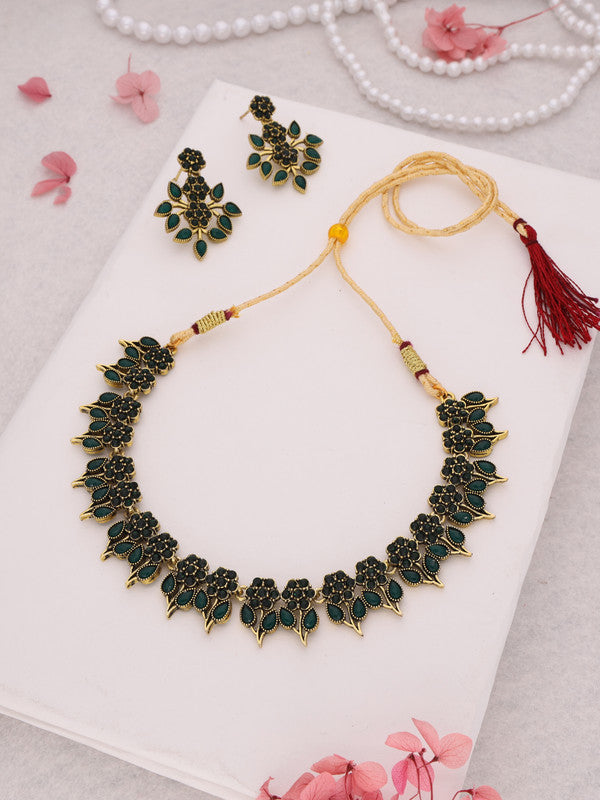 Tehzeeb Creations Green Colour Gold Pleated Stone Studded Necklace With Earrings | Grocsy