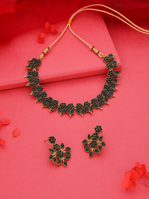 Tehzeeb Creations Green Colour Gold Pleated Stone Studded Necklace With Earrings | Grocsy