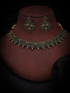 Tehzeeb Creations Green Colour Gold Pleated Stone Studded Necklace With Earrings | Grocsy