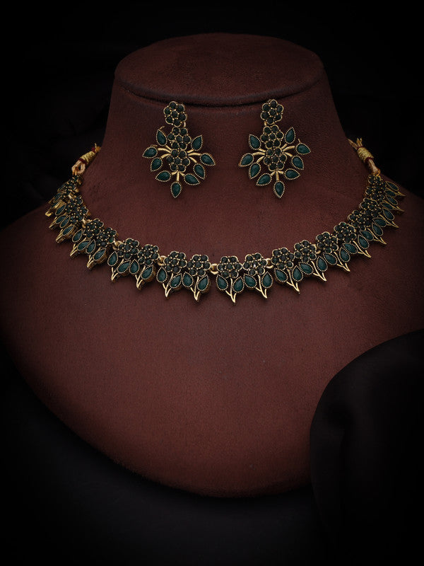 Tehzeeb Creations Green Colour Gold Pleated Stone Studded Necklace With Earrings | Grocsy