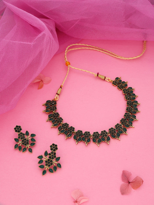 Tehzeeb Creations Green Colour Gold Pleated Stone Studded Necklace With Earrings | Grocsy