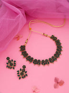 Tehzeeb Creations Green Colour Gold Pleated Stone Studded Necklace With Earrings | Grocsy