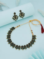 Tehzeeb Creations Green Colour Gold Pleated Stone Studded Necklace With Earrings | Grocsy