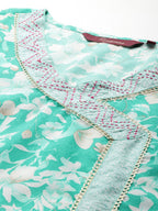 Sangria Floral Printed Angrakha Thread Work Pure Cotton Kurta with Trousers & With Dupatta | Grocsy