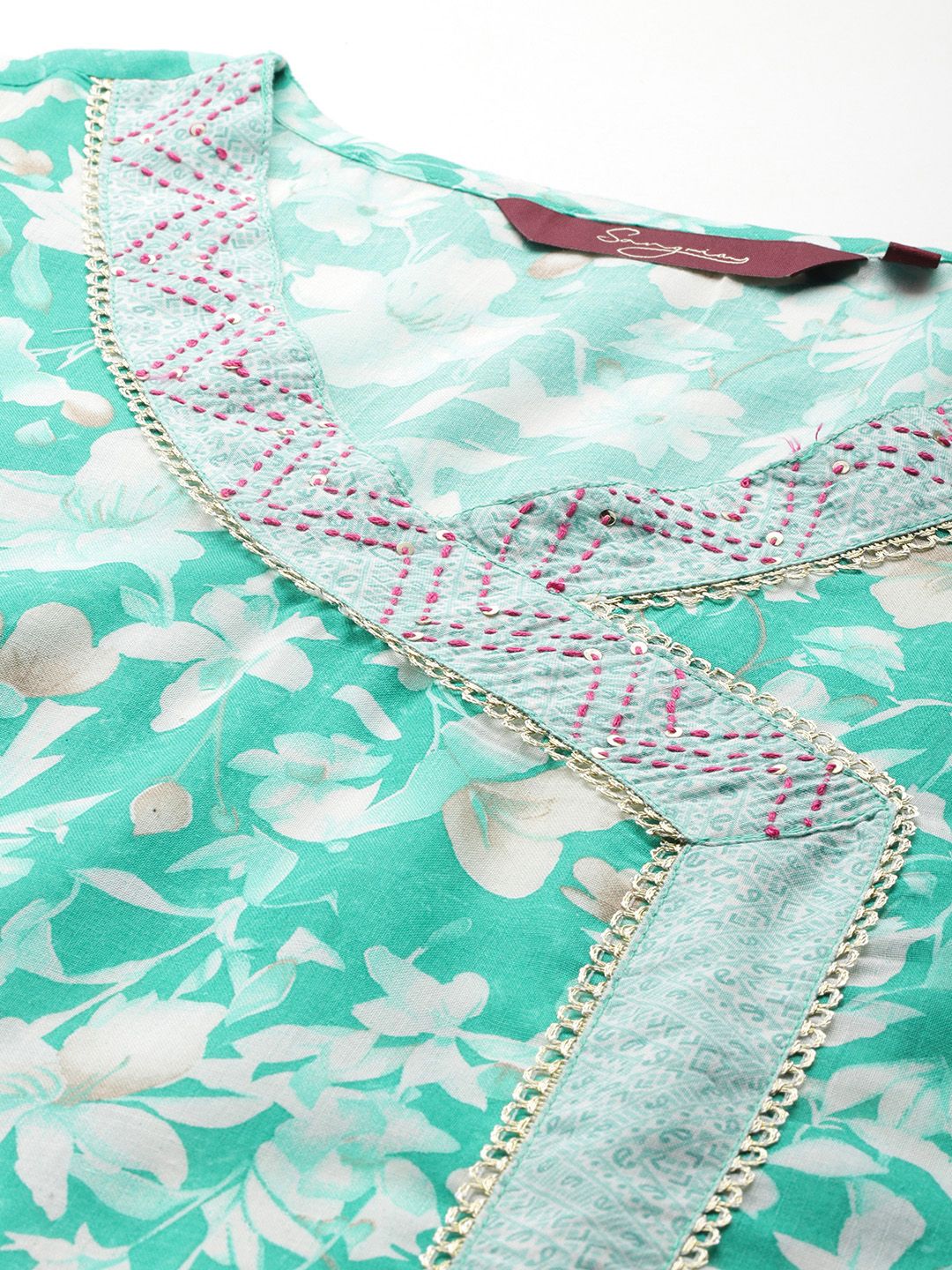 Sangria Floral Printed Angrakha Thread Work Pure Cotton Kurta with Trousers & With Dupatta | Grocsy