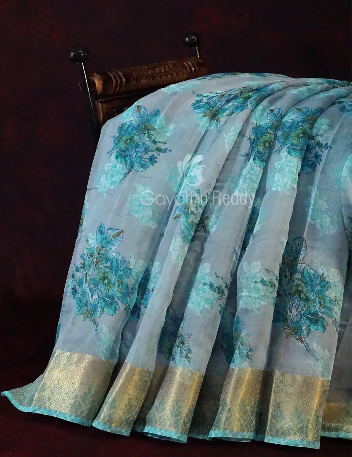 Pastel Blue Colour Floral All Over Print Semi Chanderi Saree By Gayathri Reddy Designer Studio | Grocsy