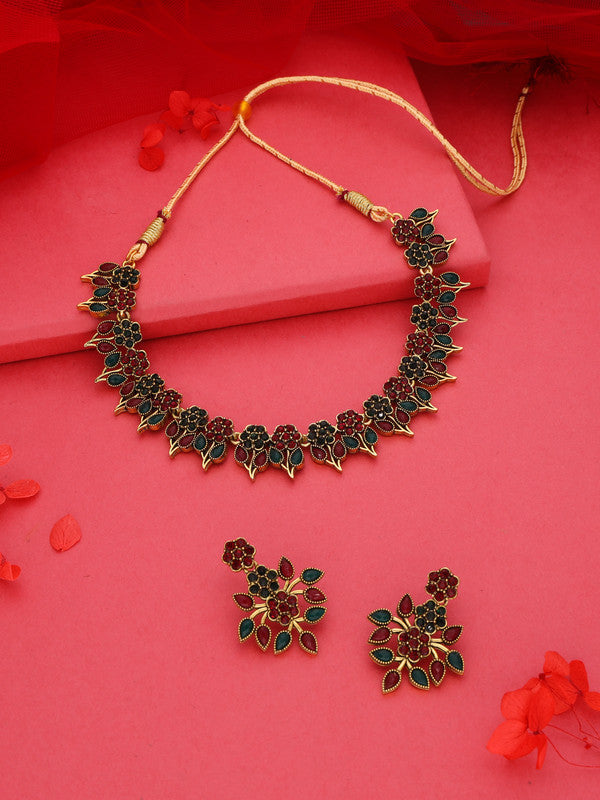 Tehzeeb Creations Green & Maroon Colour Gold Pleated Stone Studded Necklace With Earrings | Grocsy