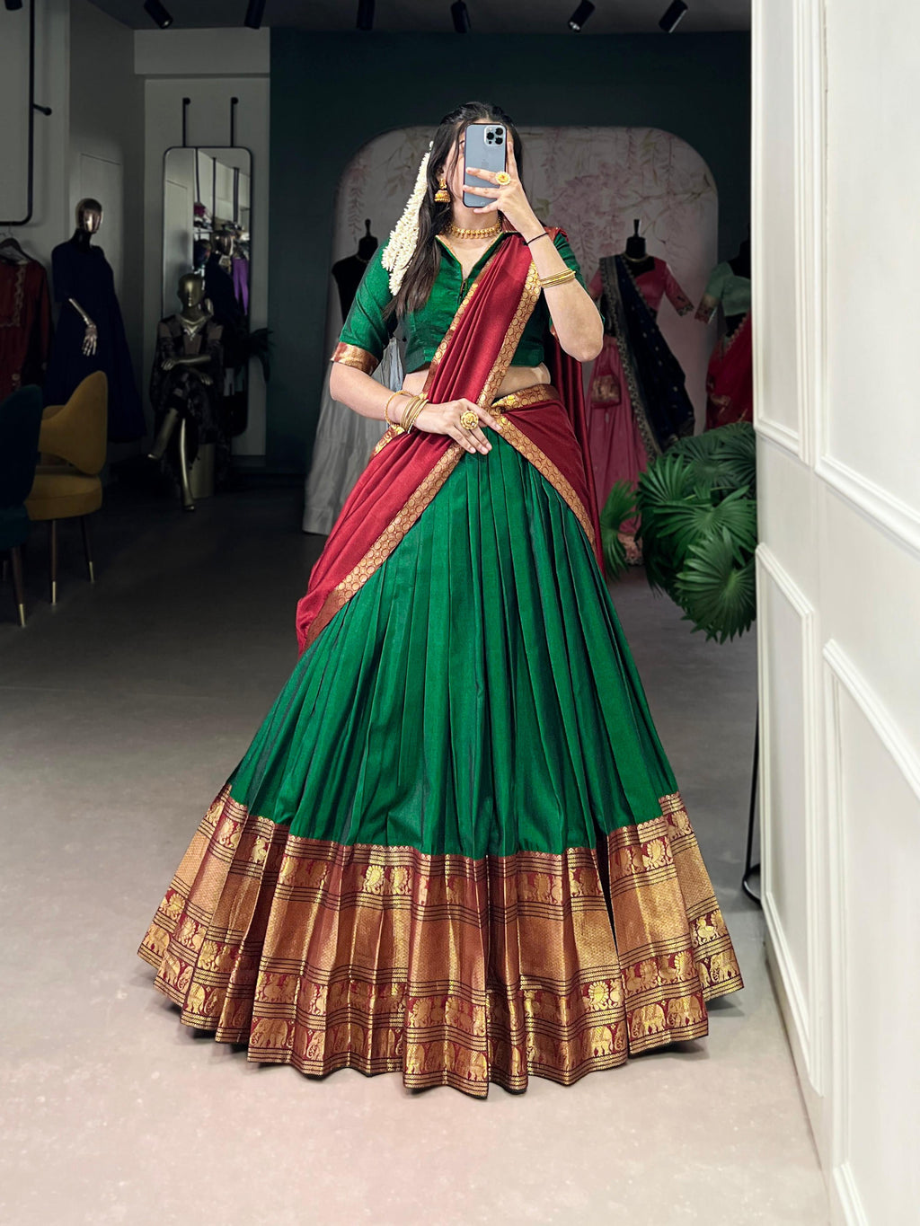 Lorenvalley Fashion Green Narayan Pet Silk Zari Weaving Work Lehenga Choli with Dupatta | Grocsy
