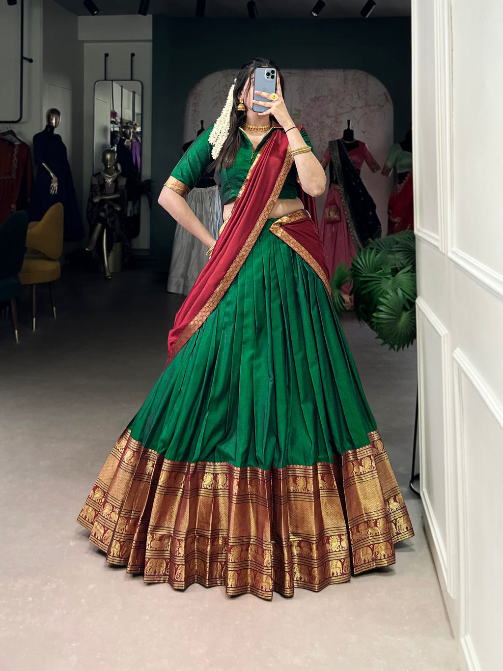 Lorenvalley Fashion Green Narayan Pet Silk Zari Weaving Work Lehenga Choli with Dupatta | Grocsy