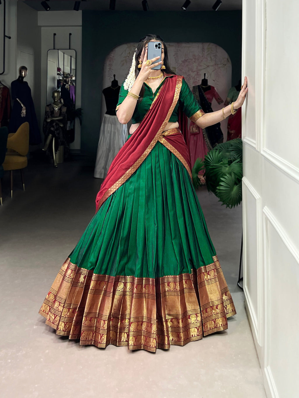 Lorenvalley Fashion Green Narayan Pet Silk Zari Weaving Work Lehenga Choli with Dupatta | Grocsy