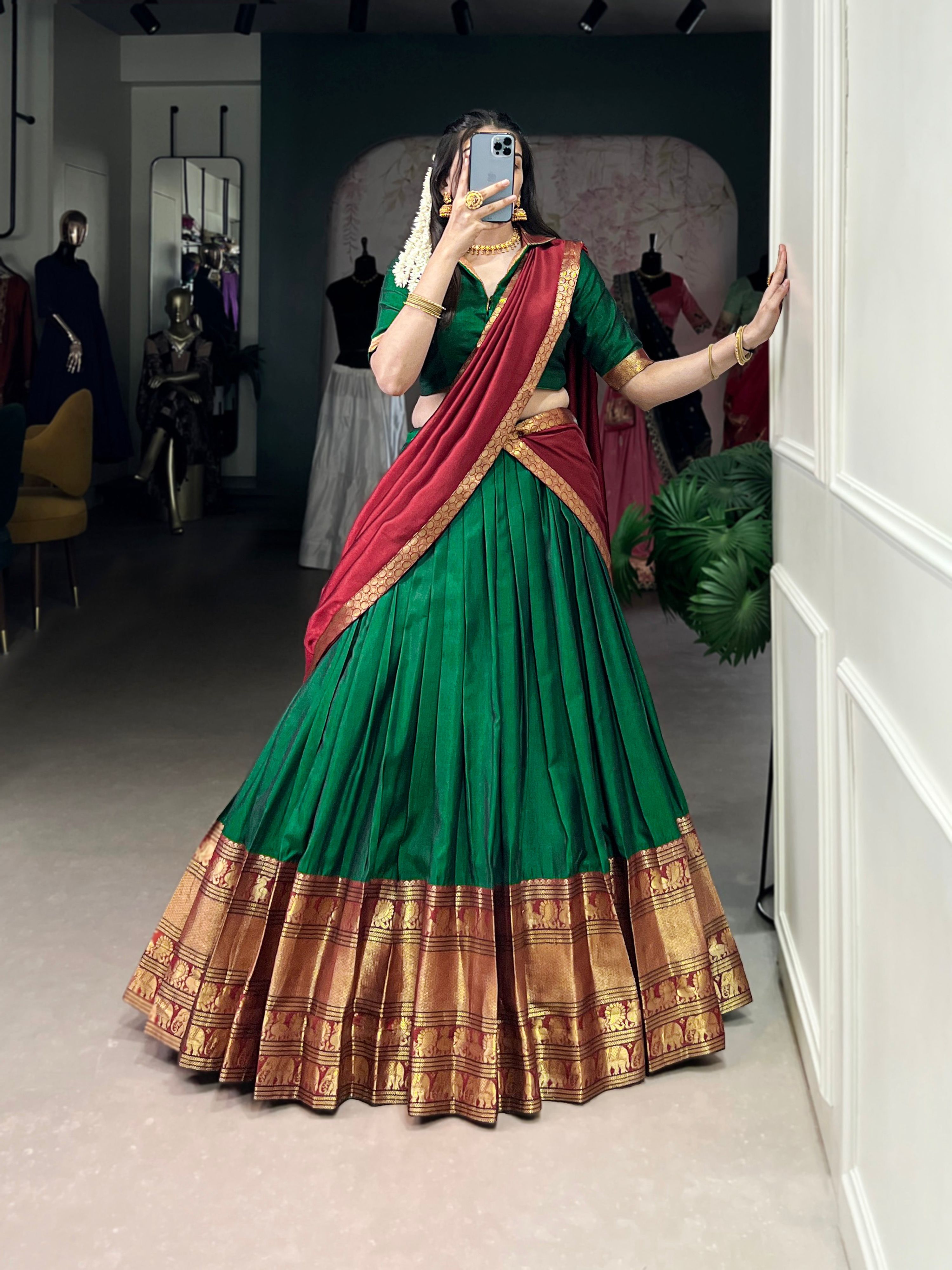 Lorenvalley Fashion Green Narayan Pet Silk Zari Weaving Work Lehenga Choli with Dupatta | Grocsy