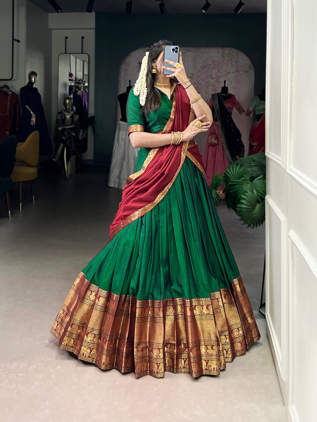 Lorenvalley Fashion Green Narayan Pet Silk Zari Weaving Work Lehenga Choli with Dupatta | Grocsy