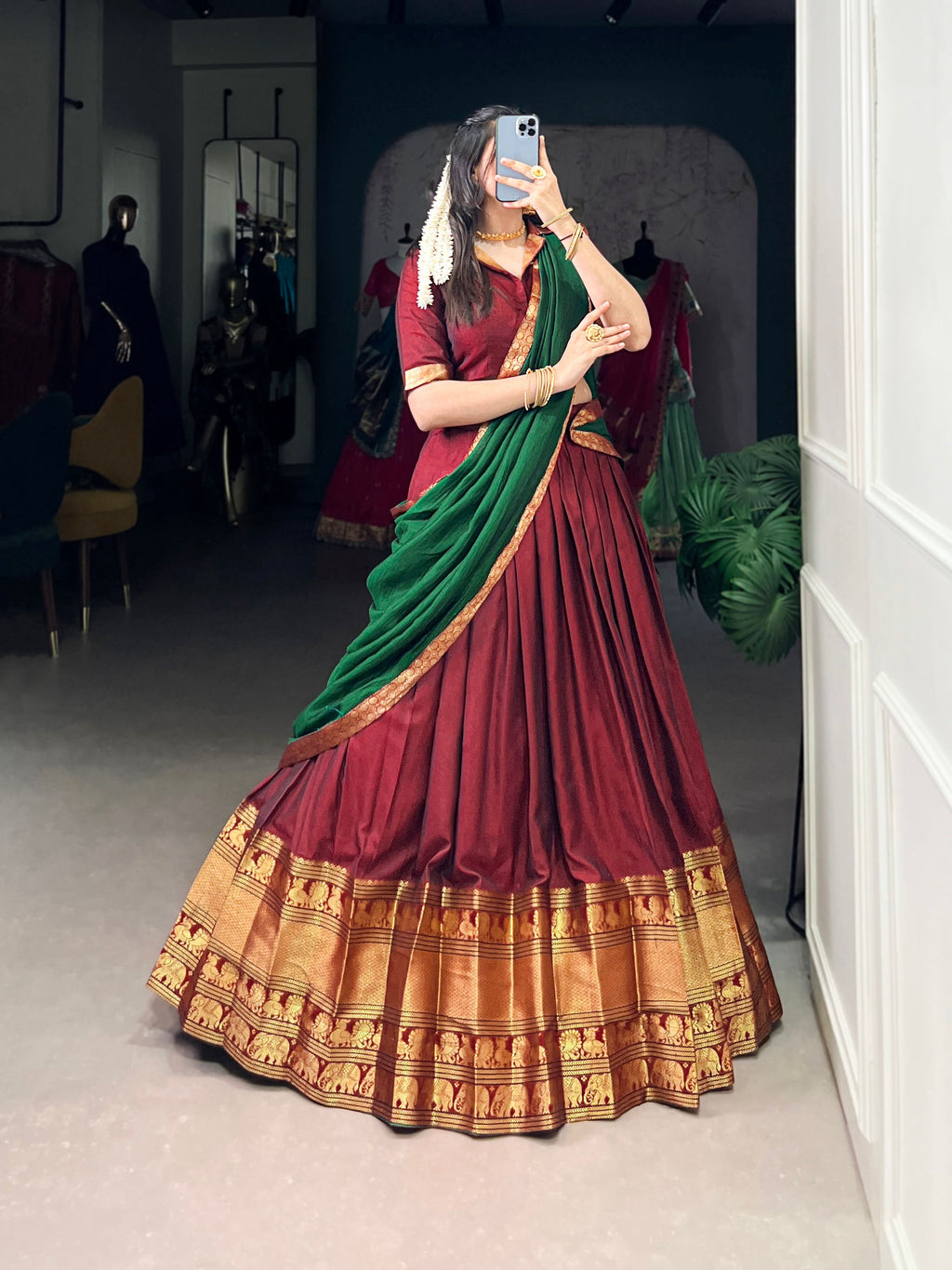 Lorenvalley Fashion Maroon Narayan Pet Silk Zari Weaving Work Lehenga Choli with Dupatta | Grocsy