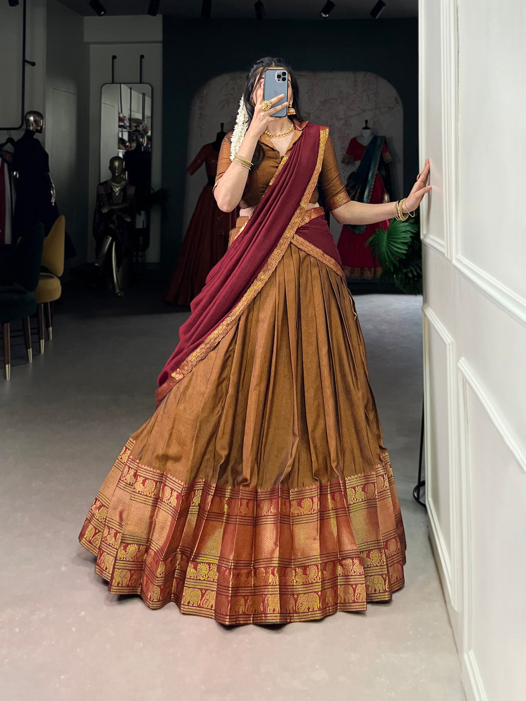 Lorenvalley Fashion Mustard Narayan Pet Silk Zari Weaving Work Lehenga Choli with Dupatta | Grocsy