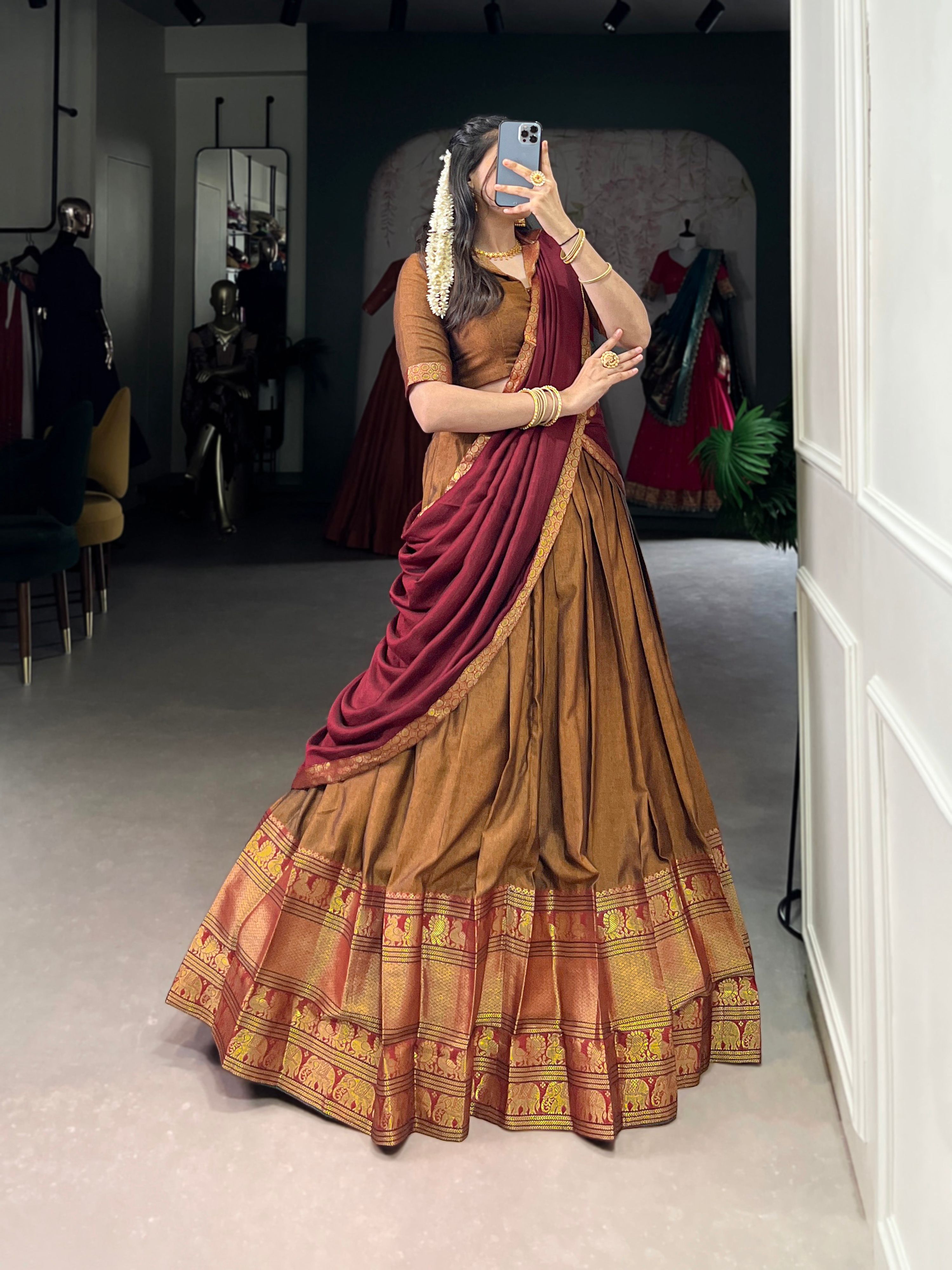 Lorenvalley Fashion Mustard Narayan Pet Silk Zari Weaving Work Lehenga Choli with Dupatta | Grocsy