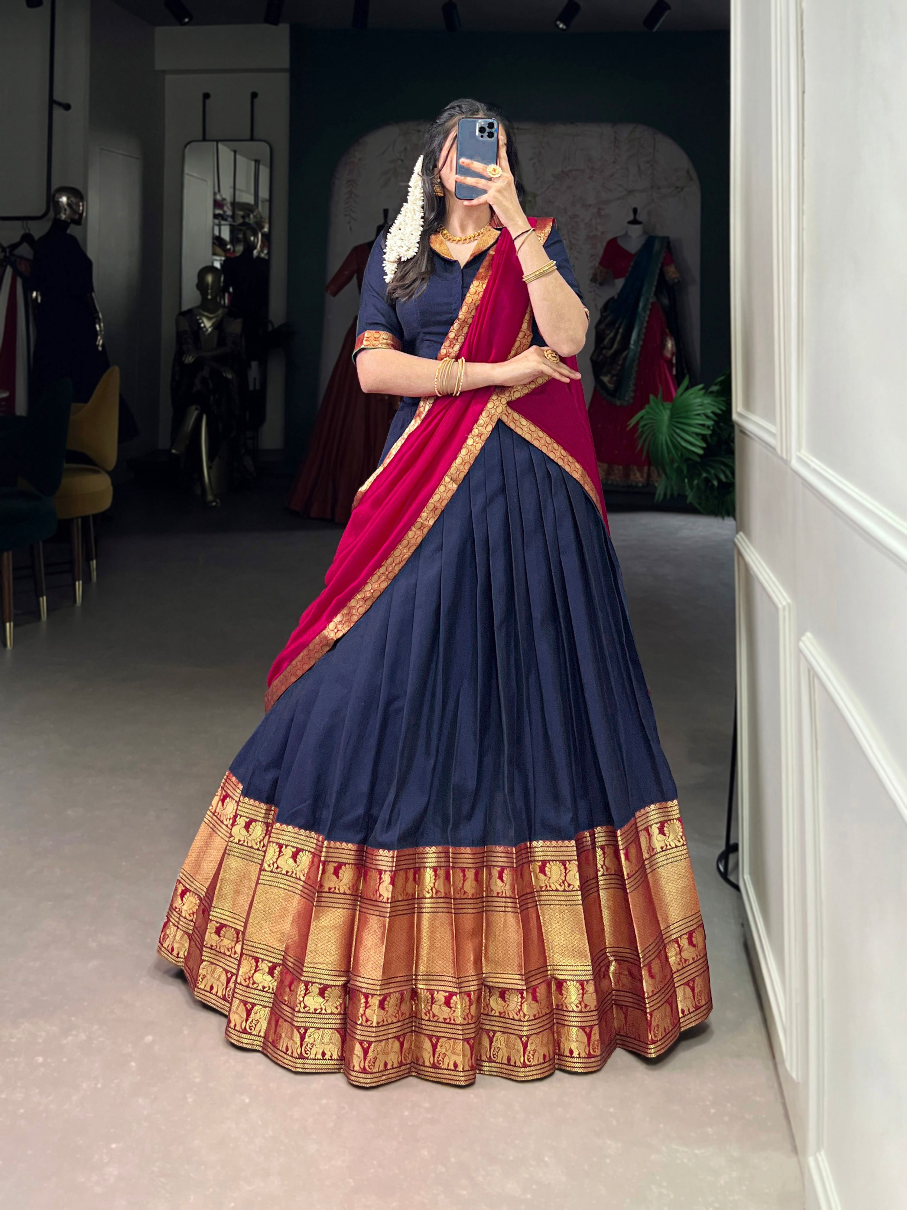 Lorenvalley Fashion Navyblue Narayan Pet Silk Zari Weaving Work Lehenga Choli with Dupatta | Grocsy