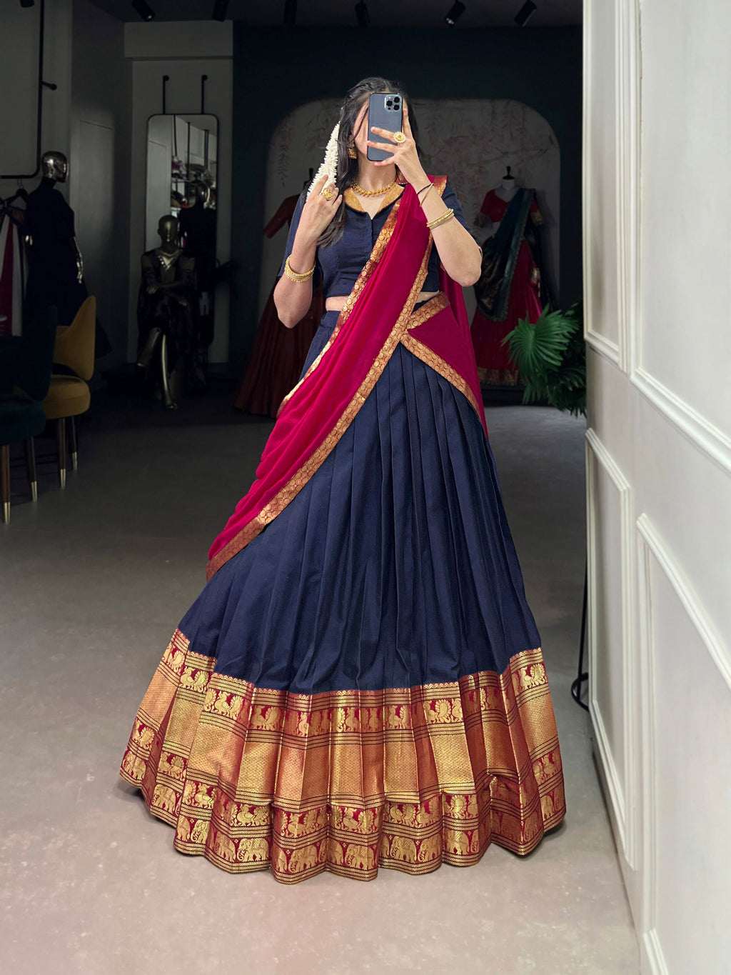 Lorenvalley Fashion Navyblue Narayan Pet Silk Zari Weaving Work Lehenga Choli with Dupatta | Grocsy