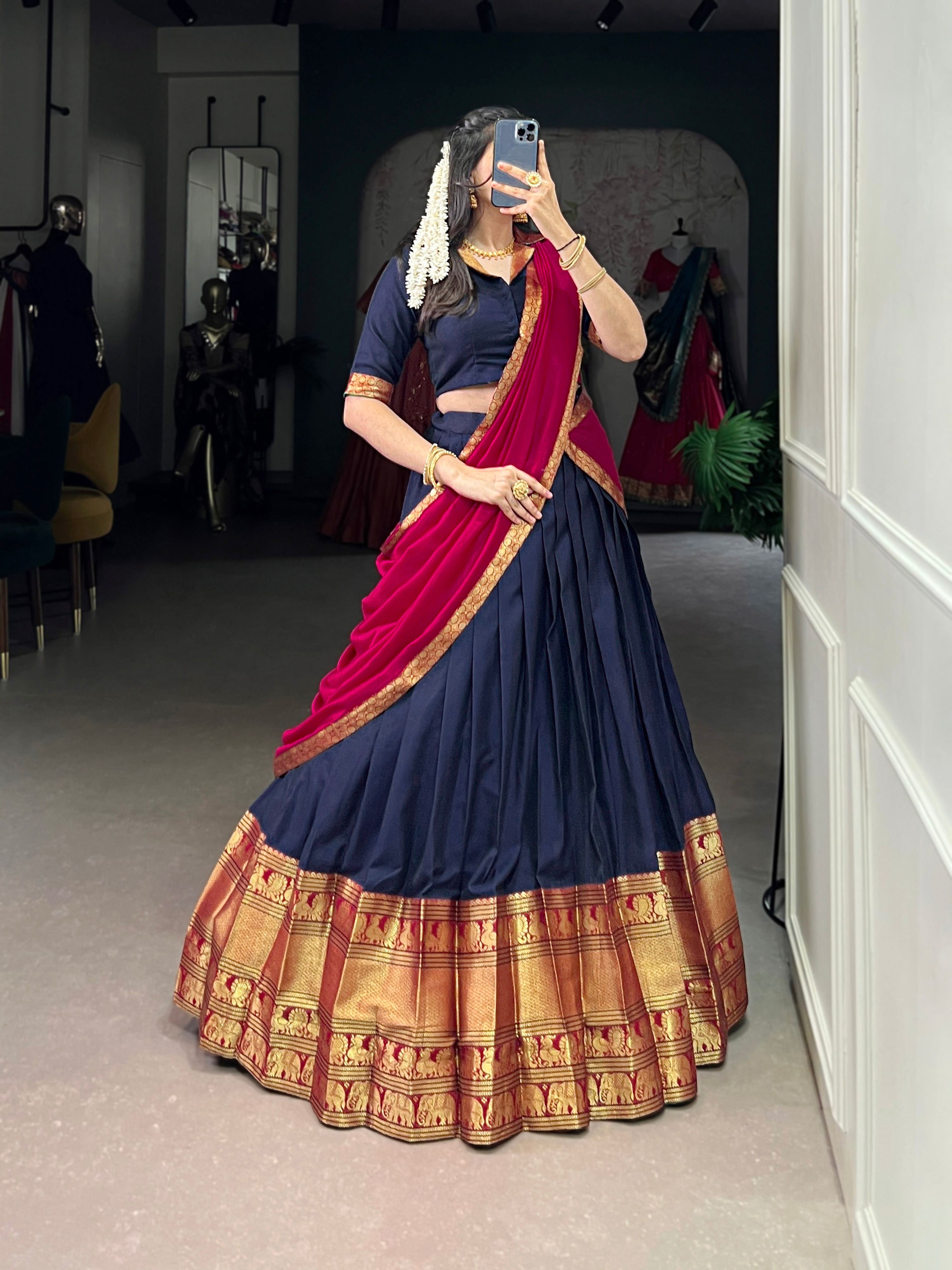 Lorenvalley Fashion Navyblue Narayan Pet Silk Zari Weaving Work Lehenga Choli with Dupatta | Grocsy