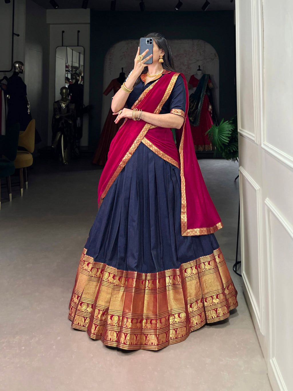Lorenvalley Fashion Navyblue Narayan Pet Silk Zari Weaving Work Lehenga Choli with Dupatta | Grocsy