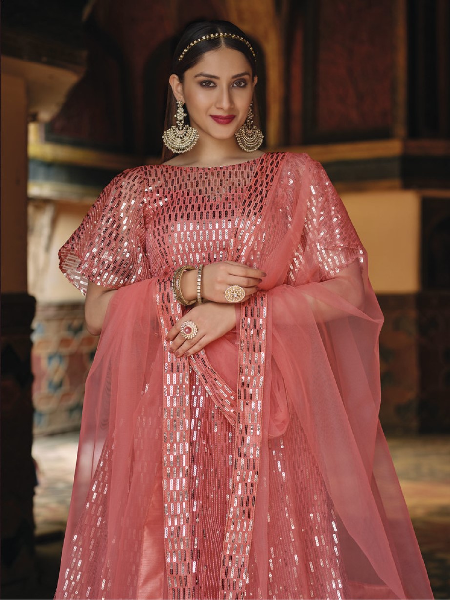 Anaita Peach Net Lehenga Choli With Embroidery & Sequence Work | Grocsy