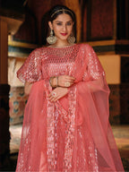 Anaita Peach Net Lehenga Choli With Embroidery & Sequence Work | Grocsy