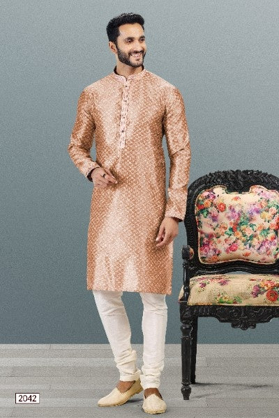 Raivat Ethnic Jacquard Banarasi Silk Pintux Work Kurta Pajama In Dark Peach Colour | Grocsy