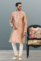 Raivat Ethnic Jacquard Banarasi Silk Pintux Work Kurta Pajama In Dark Peach Colour | Grocsy