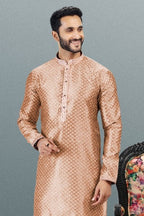 Raivat Ethnic Jacquard Banarasi Silk Pintux Work Kurta Pajama In Dark Peach Colour | Grocsy