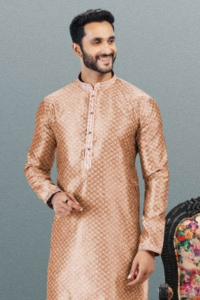 Raivat Ethnic Jacquard Banarasi Silk Pintux Work Kurta Pajama In Dark Peach Colour | Grocsy
