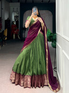 Lorenvalley Fashion Mehendi Dola Chex with Zari Weaving Work Lehenga Choli with Dupatta | Grocsy